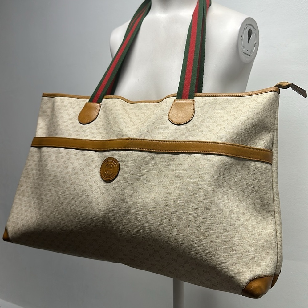 Gucci Signature East West Tote Shoulder Bag Purse Vintage 1980's Cream Tan Red - Picture 3 of 16